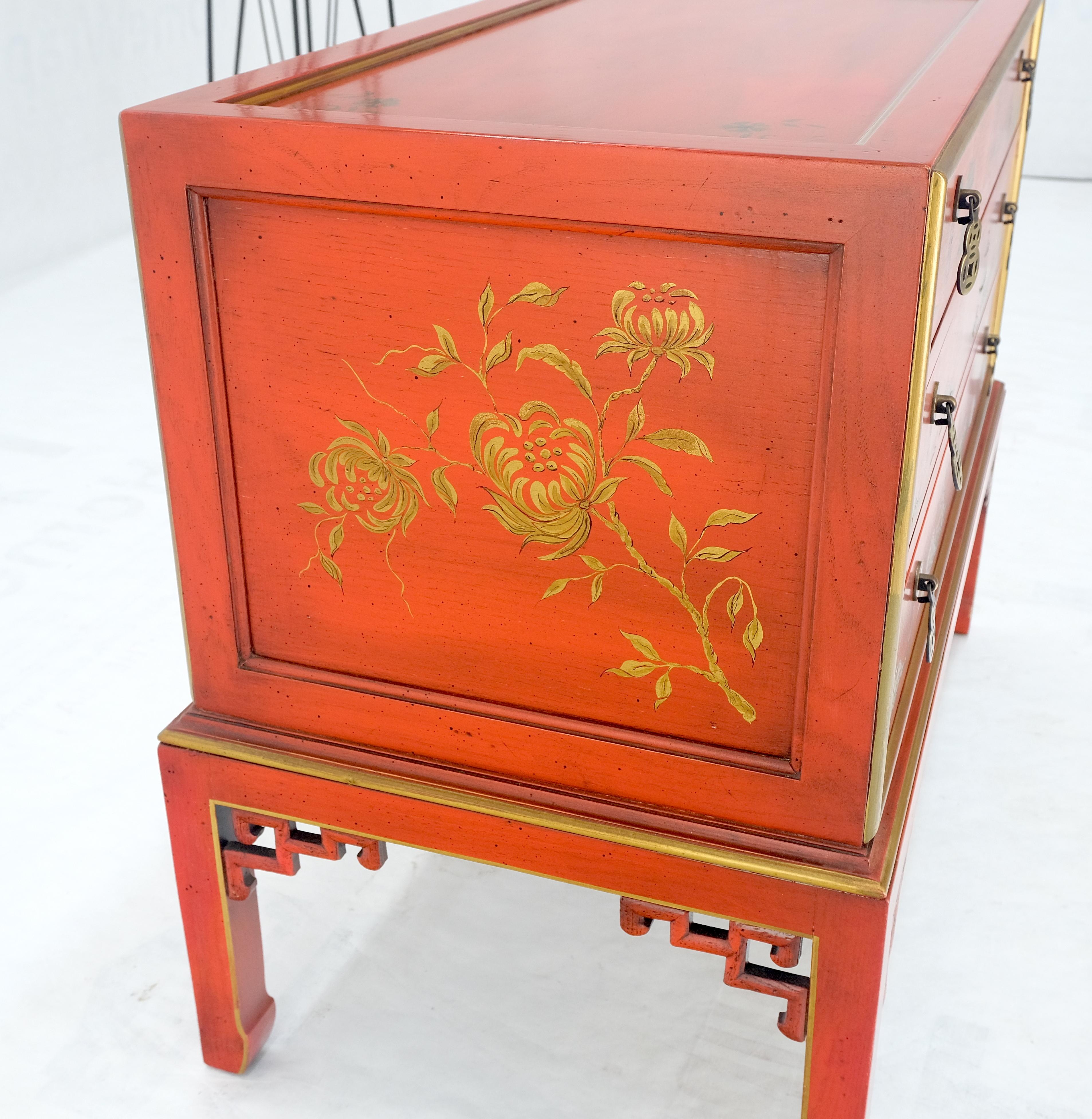 Hardwood Red Orange Lacquer Chinoiserie Hand Painted Three Drawers Dresser Large Stand  For Sale