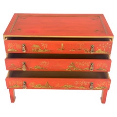 Red Orange Lacquer Chinoiserie Hand Painted Three Drawers Dresser Large Stand 