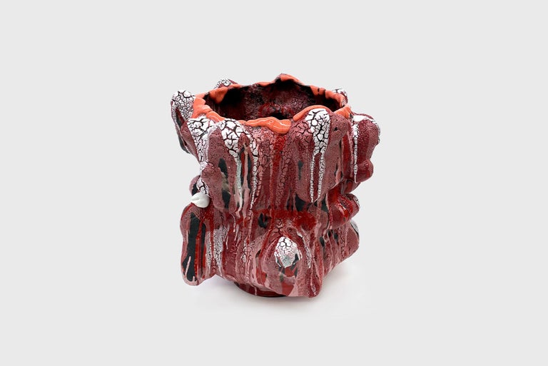 Ceramic vase model “Red with orange lip”
From the series “Potato Tree” 
Manufactured by Vince Palacios 
USA, 2022 
Clay, slip, glaze, flux, firings

The “Potato Tree'' series are defined as impossible, poetic, nonsensical forms. Vince Palacios
