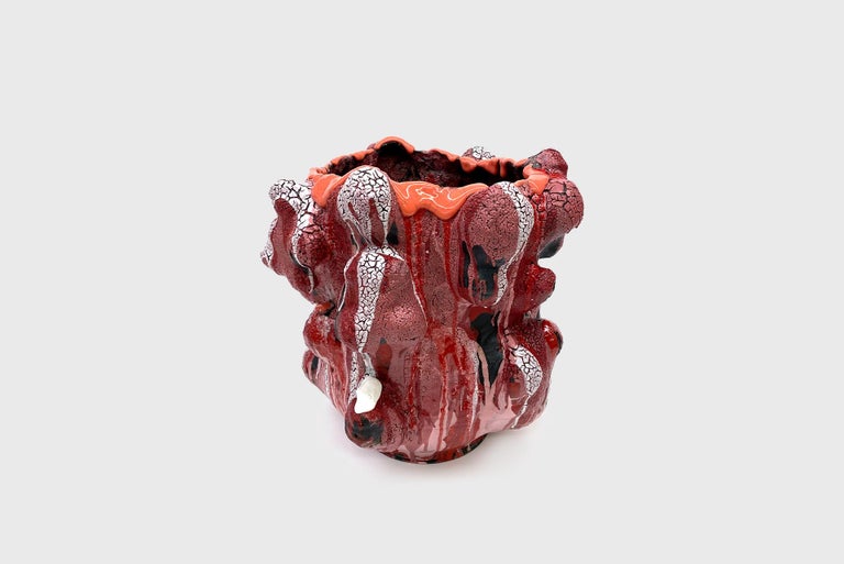 Hand-Crafted Red Orange Lip Ceramic Vessel by Vince Palacios Contemporary American Ceramics For Sale