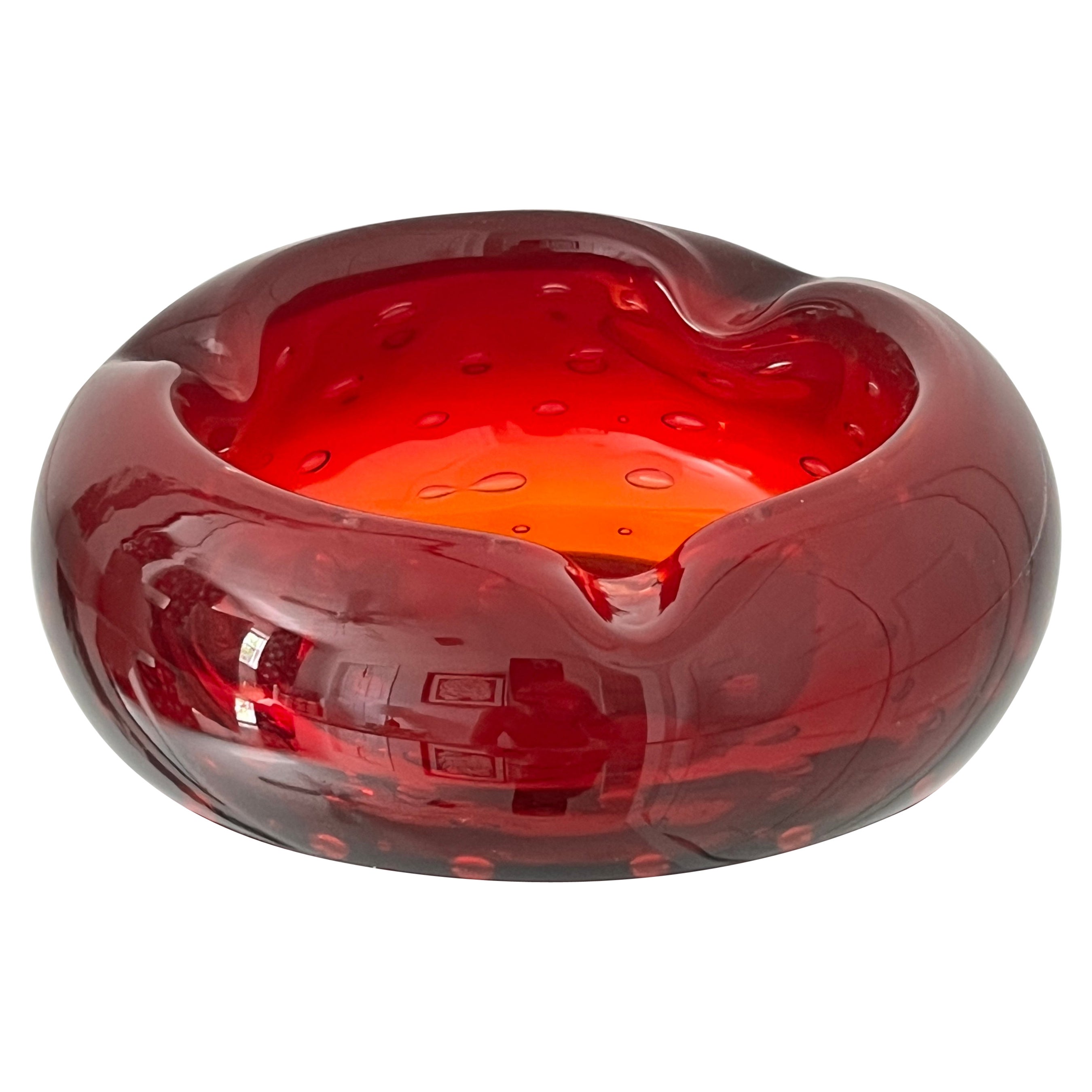 Red Orange Murano Ashtray with Controlled Bubble Design by Seguso, circa 1950s