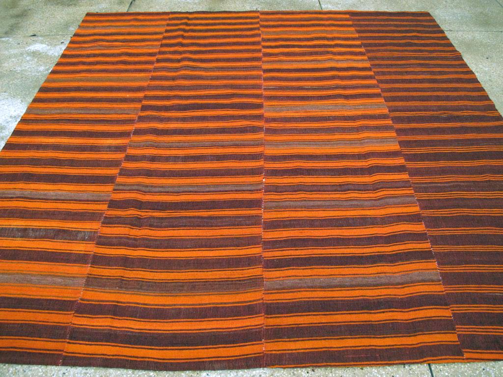 Red-Orange & Purple Mid-20th Century Turkish Square Room Size Flat-Weave Kilim In Excellent Condition In New York, NY
