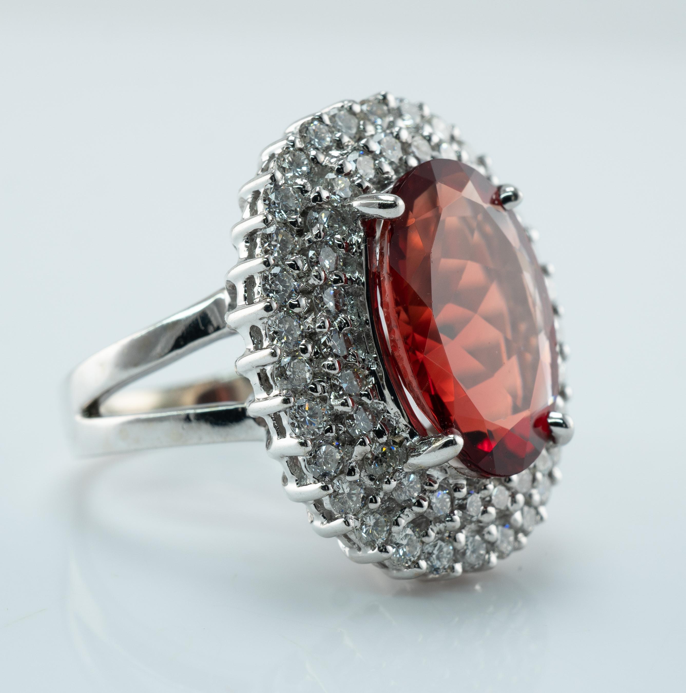 Oval Cut Red Orange Tourmaline Diamond Ring 18K White Gold Cocktail  For Sale