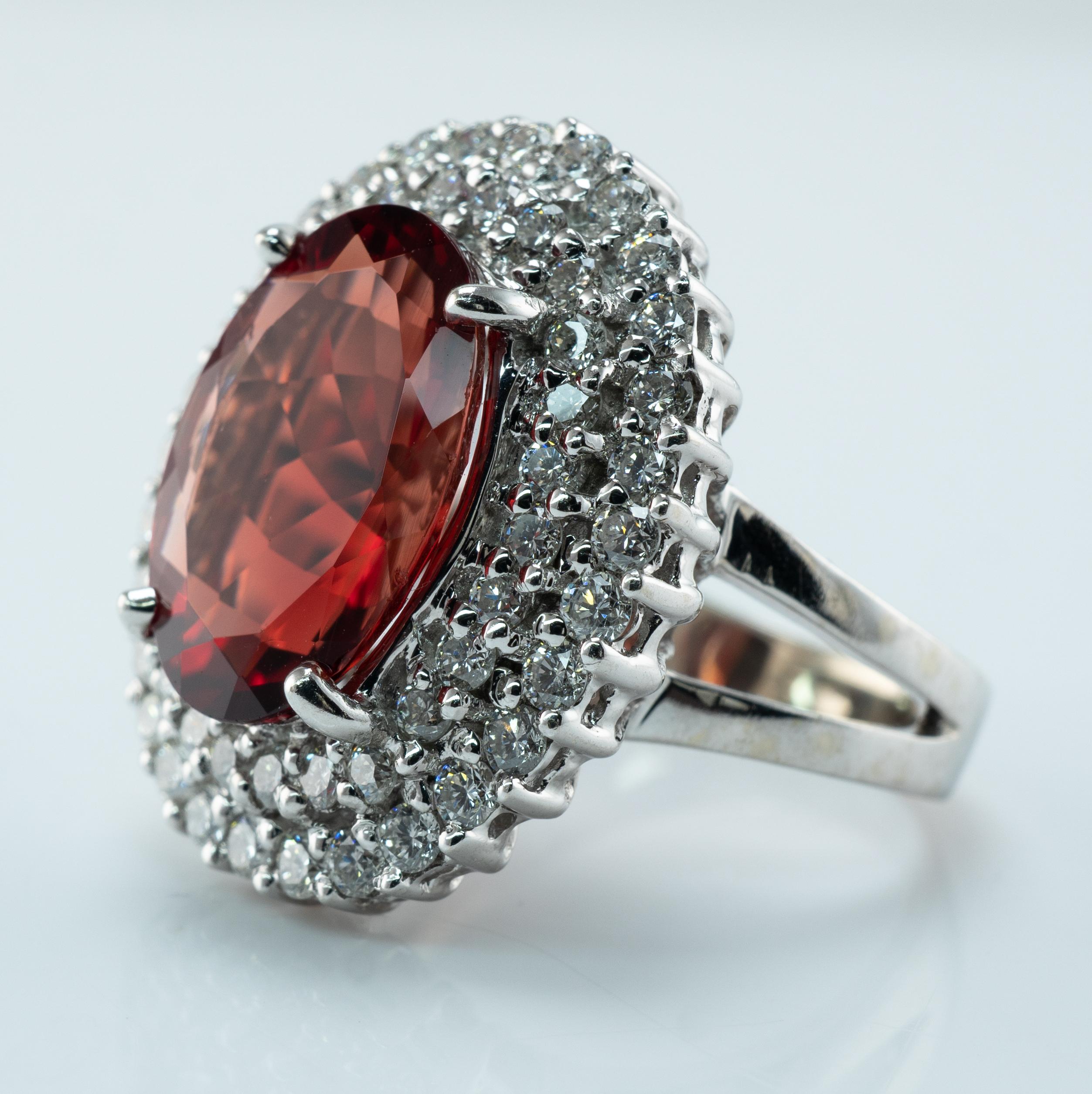 Red Orange Tourmaline Diamond Ring 18K White Gold Cocktail  For Sale 4