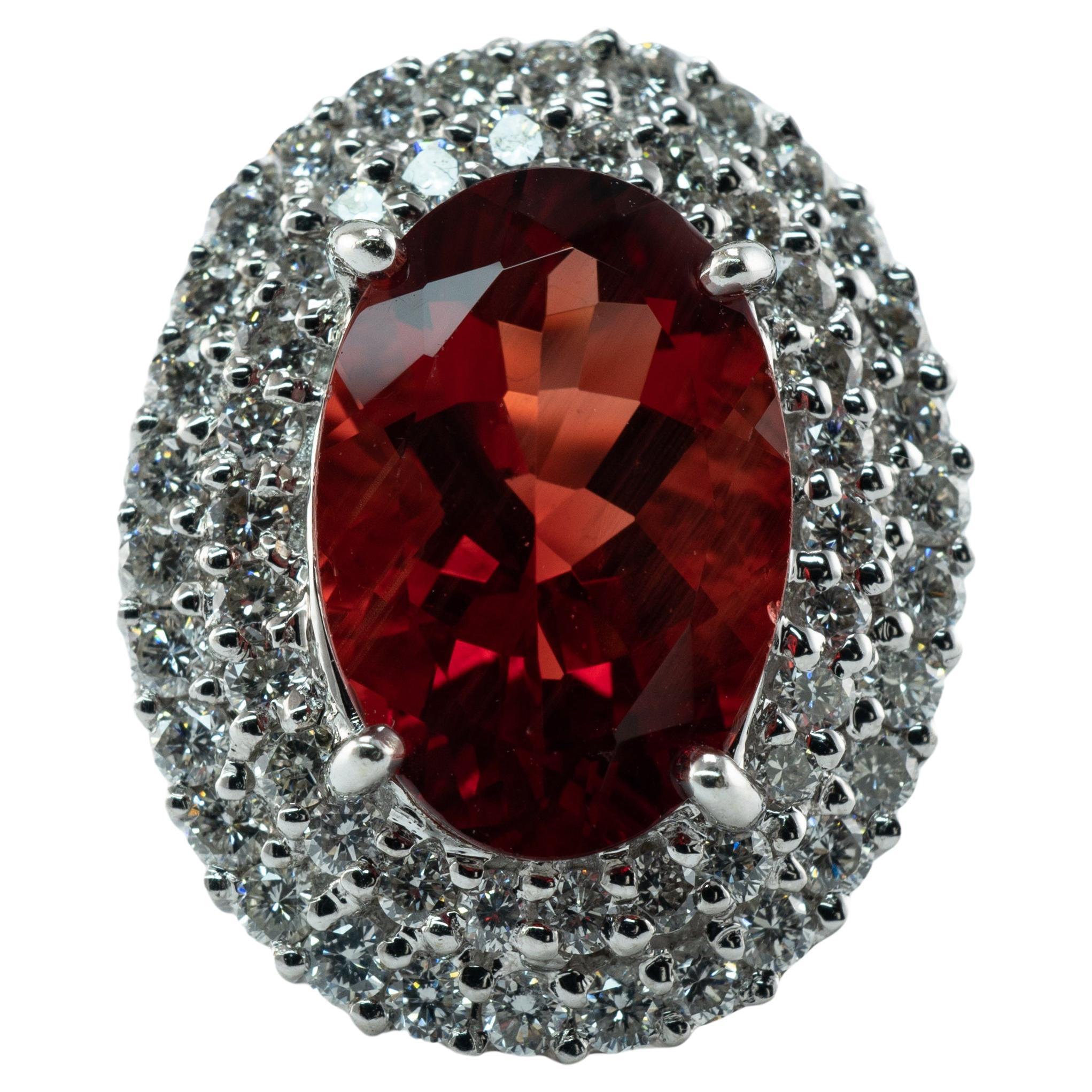 Red Orange Tourmaline Diamond Ring 18K White Gold Cocktail