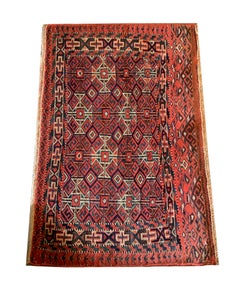 Red Oriental Antique Rug, Turkmen Carpet Geometric Wool Rug
