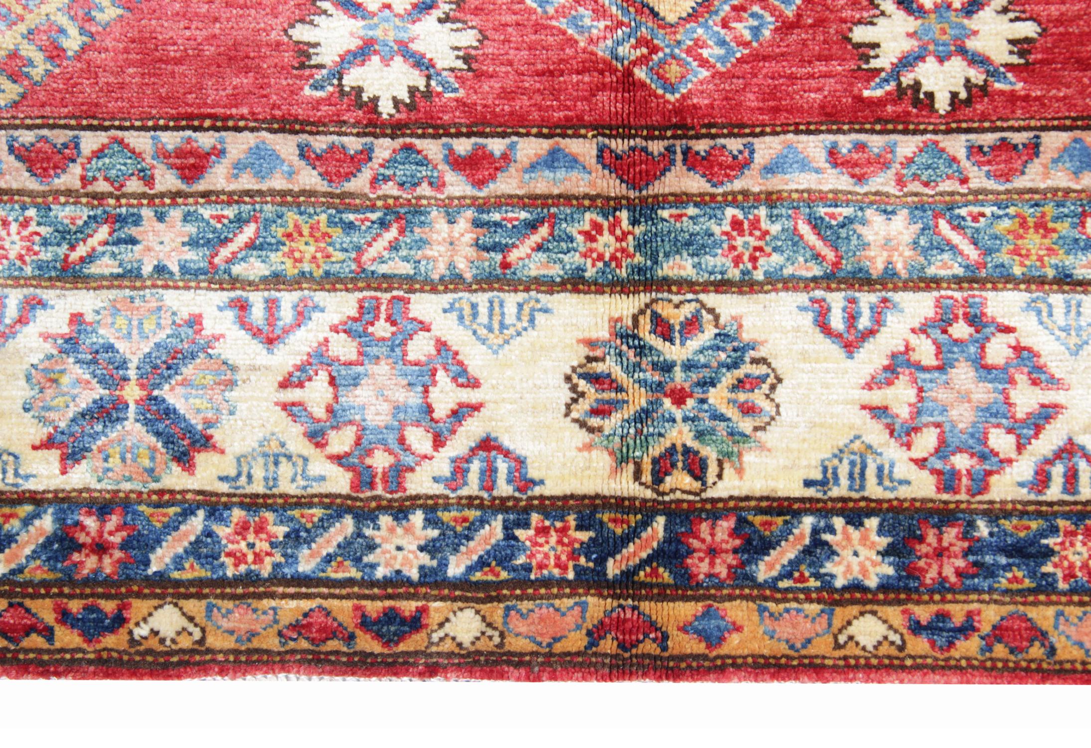 Kazak Red Oriental Geometric Rugs, Handmade Carpet Ivory Rugs for Sale For Sale