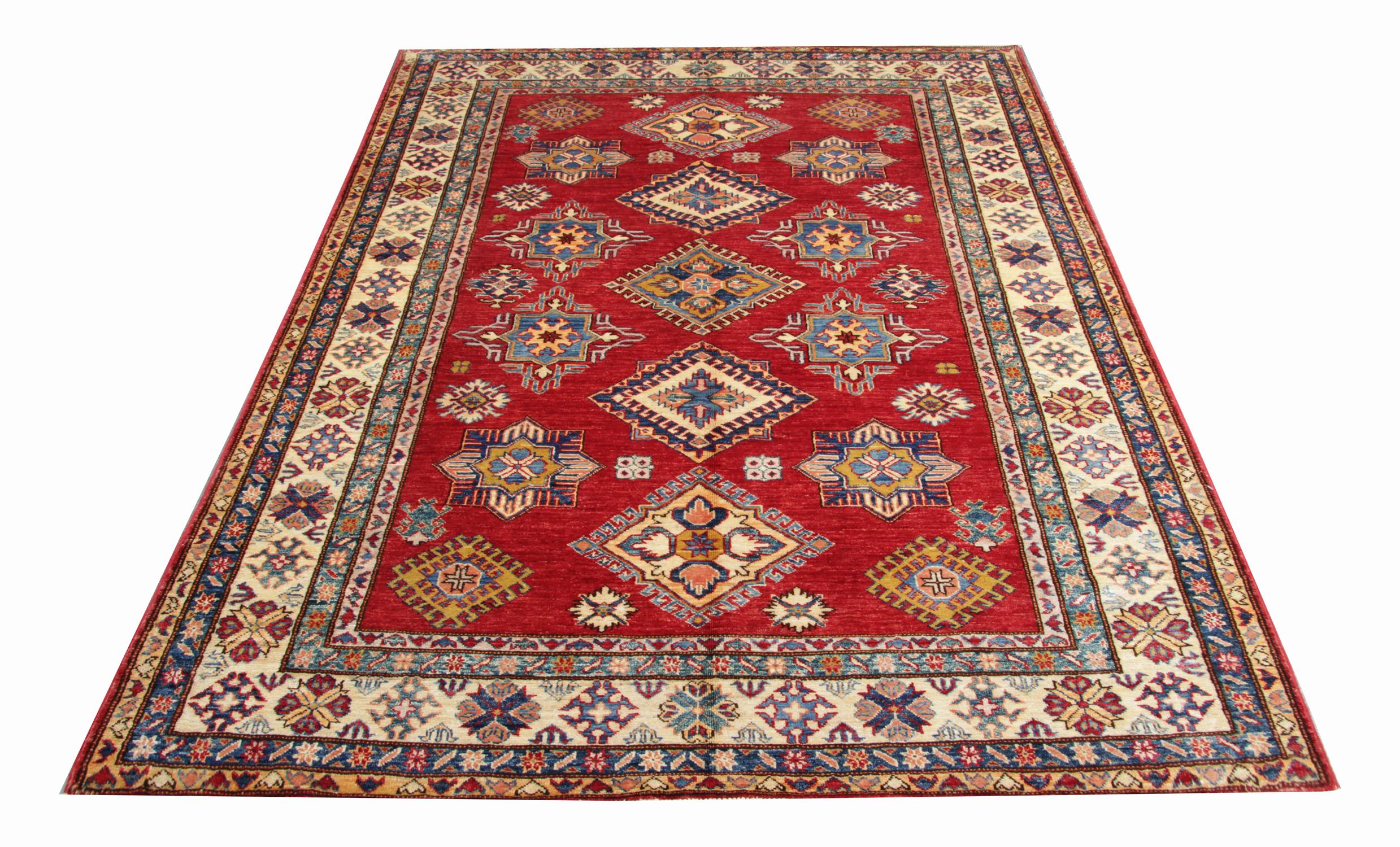 These new traditional handmade rugs feature designs from the Kazak region in Caucasia. A conventional tribal rug is famous in the part of Kazak Area. Afghan weavers have made this handwoven rug of quality handspun wool and cotton. This high-quality