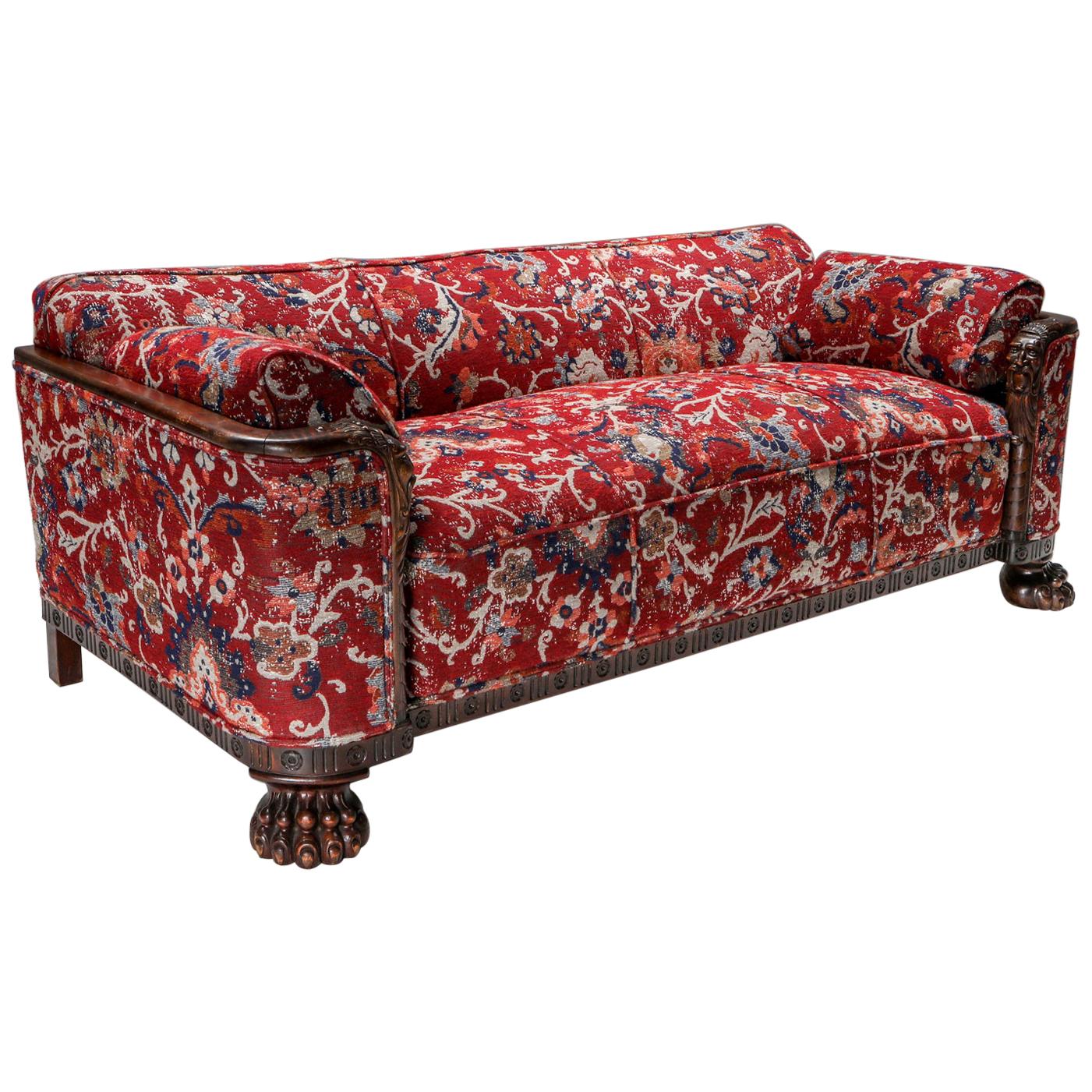 Red Oriental Sofa Chippendale Style with Claw Feet and Pierre Frey