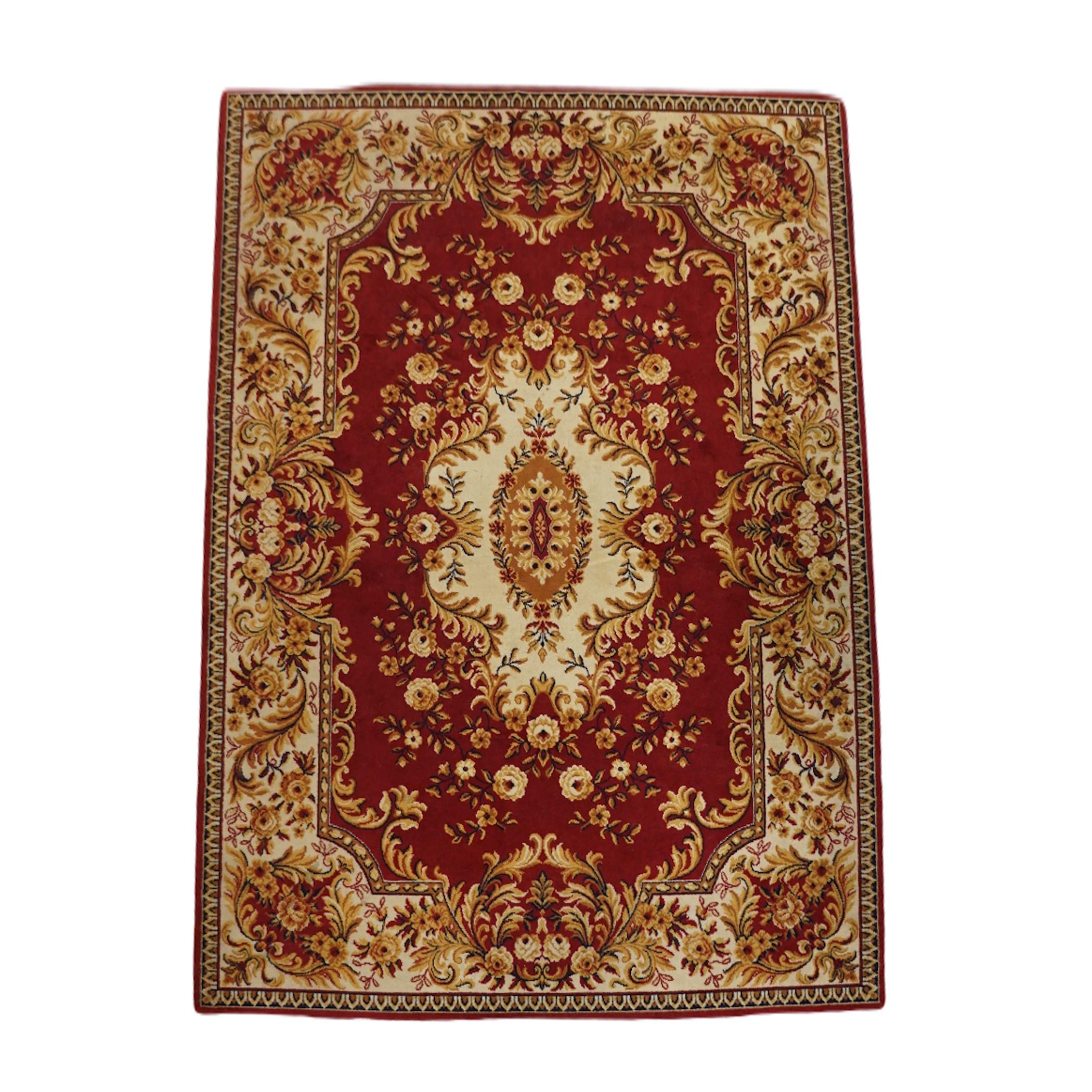Offered this beautiful red oriental rug with yellow flowers 285x200cm.

Let your home shine with this beautiful rug. It has beautiful colors and beautiful details. These types of rugs are not only a popular item for a living room, but also think of