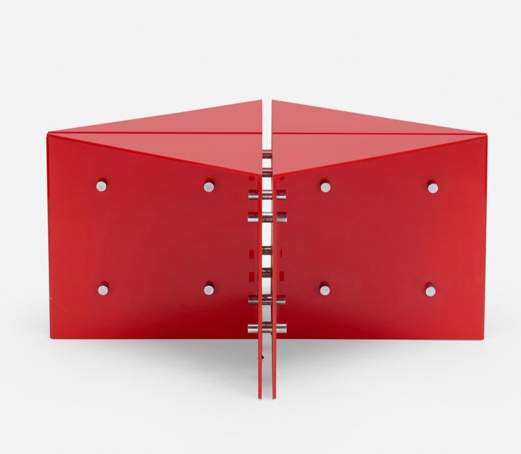 Red Origami coffee table by Neal Small, 1966, New York, USA, Labelled. Foil manufacturer's label to lower edge ‘Neal Small Design’. New York, USA, 1966. Rare piece. Floor lamp (model 2037) from the same collection is in the permanent collection of