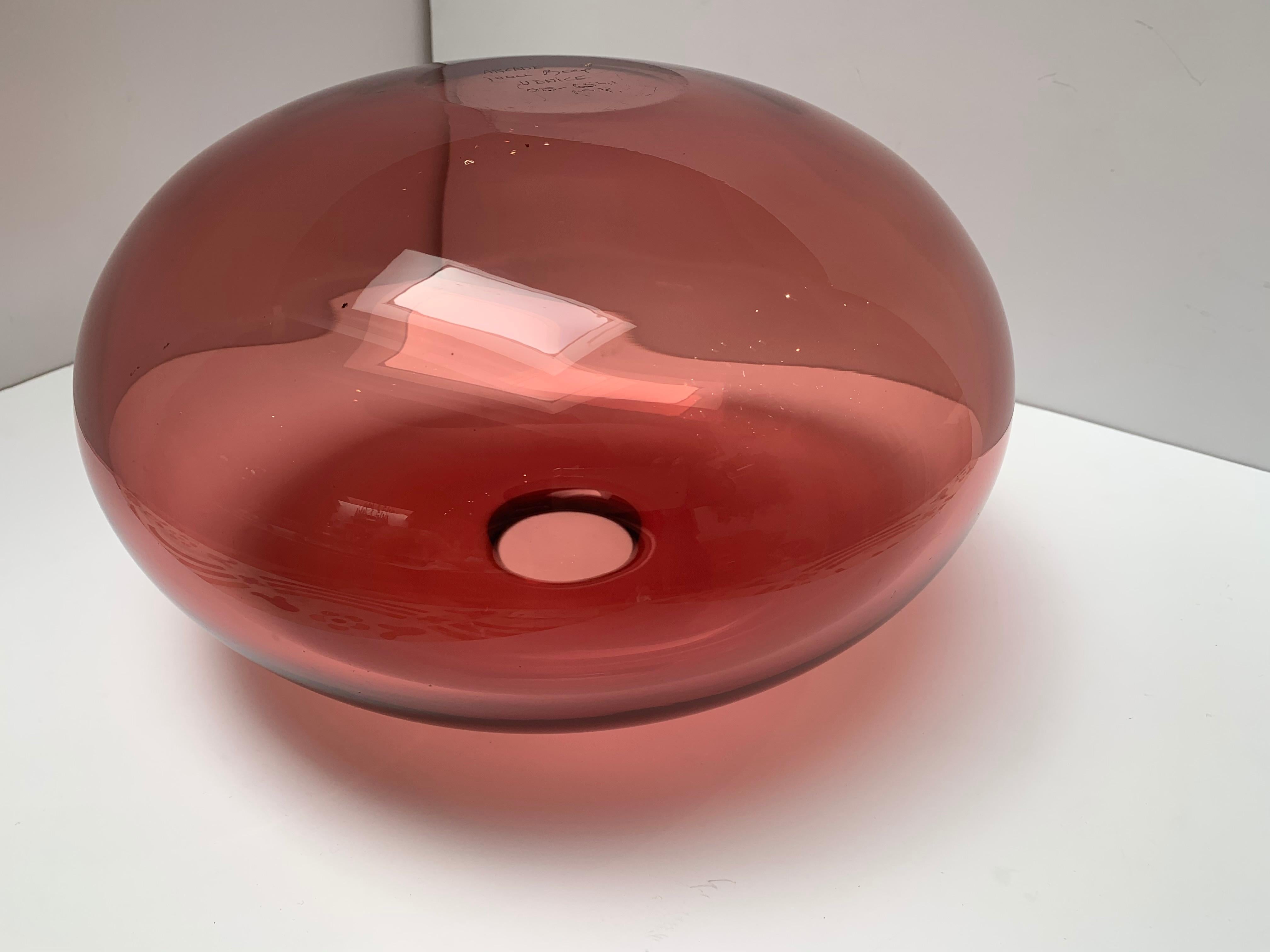 Italian Vintage Red Oval Art Glass Hand Blown Vessel Signed by Artist Ivan Baj  For Sale