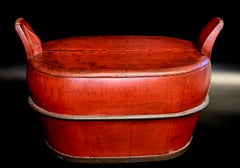 Red Oval Chinese Antique Basket with Cover