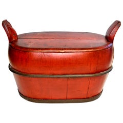 Red Oval Chinese Antique Basket with Cover