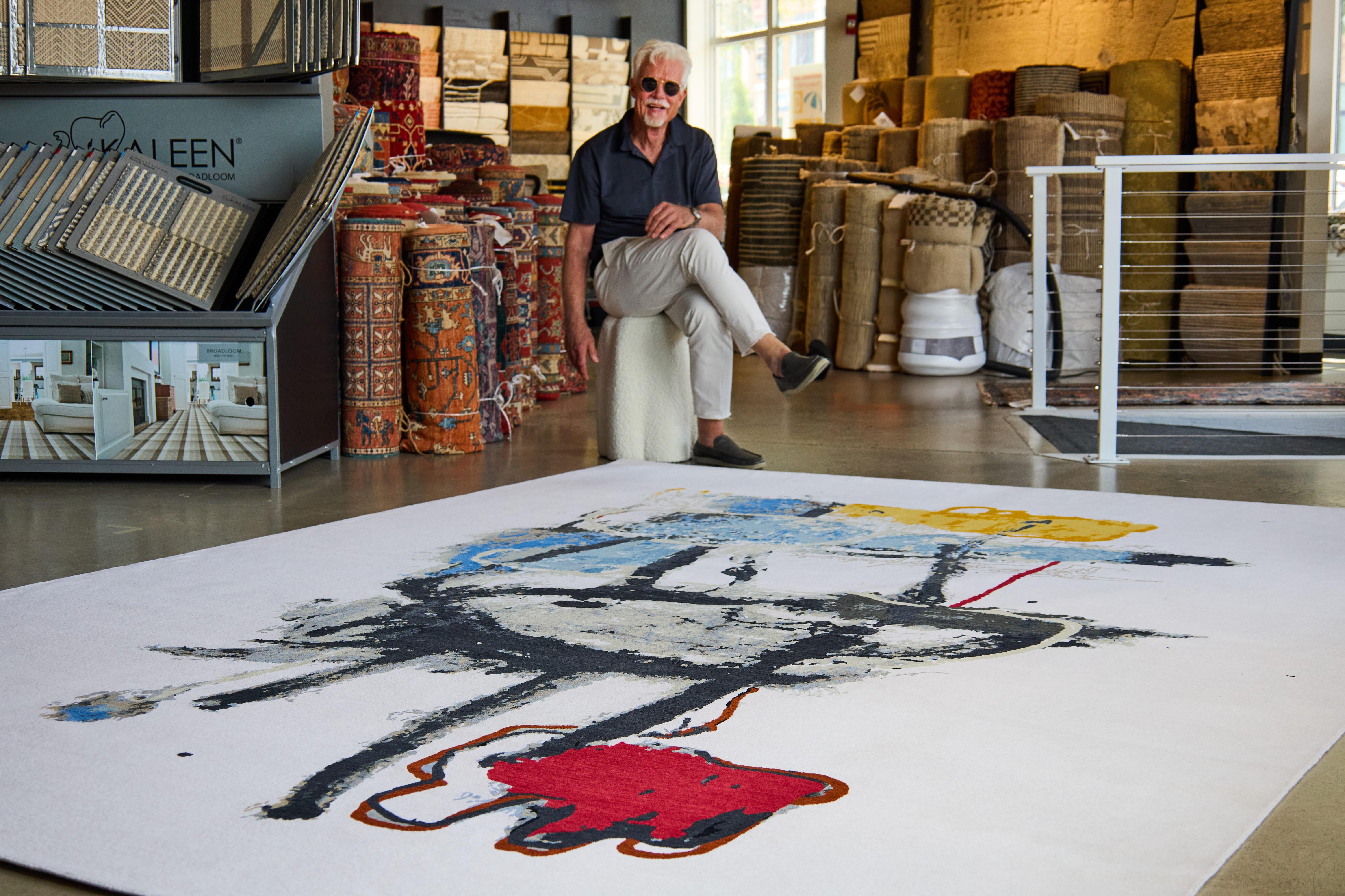 The first in a debut collection by the abstract expressionist David Stephen Johnson. From his heralded piece Red Over Black III. Hand-knotted from the most luxurious Himalayan wool, this one-of-a-kind work of art is a magnificent piece that works