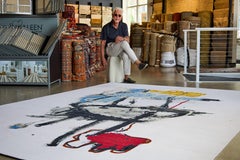 Red Over Black III Abstract Hand-Knotted Himalayan Wool Rug by David Johnson