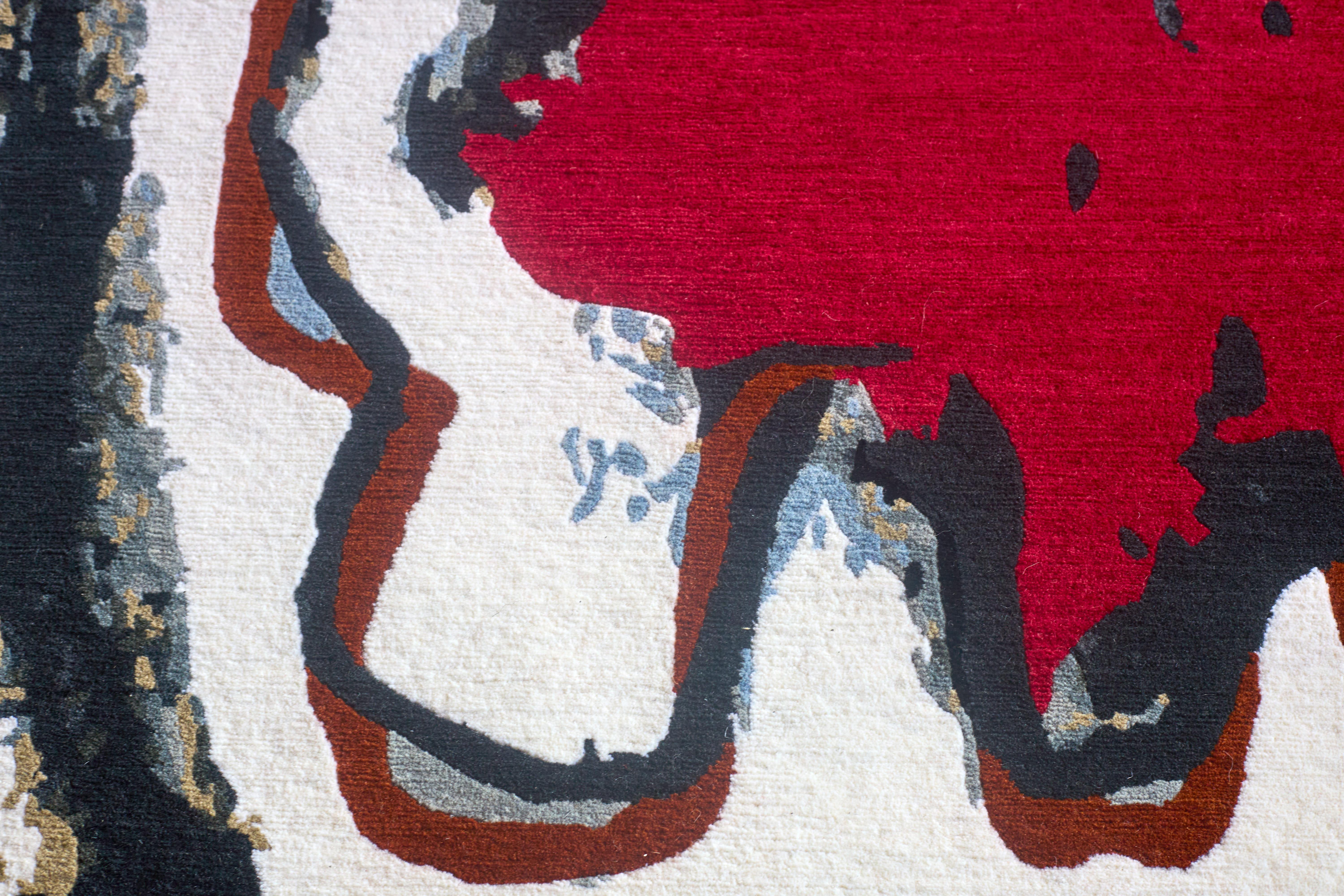 Hand-Crafted Red Over Black III Abstract Hand-Knotted Himalayan Wool Rug by David Johnson For Sale