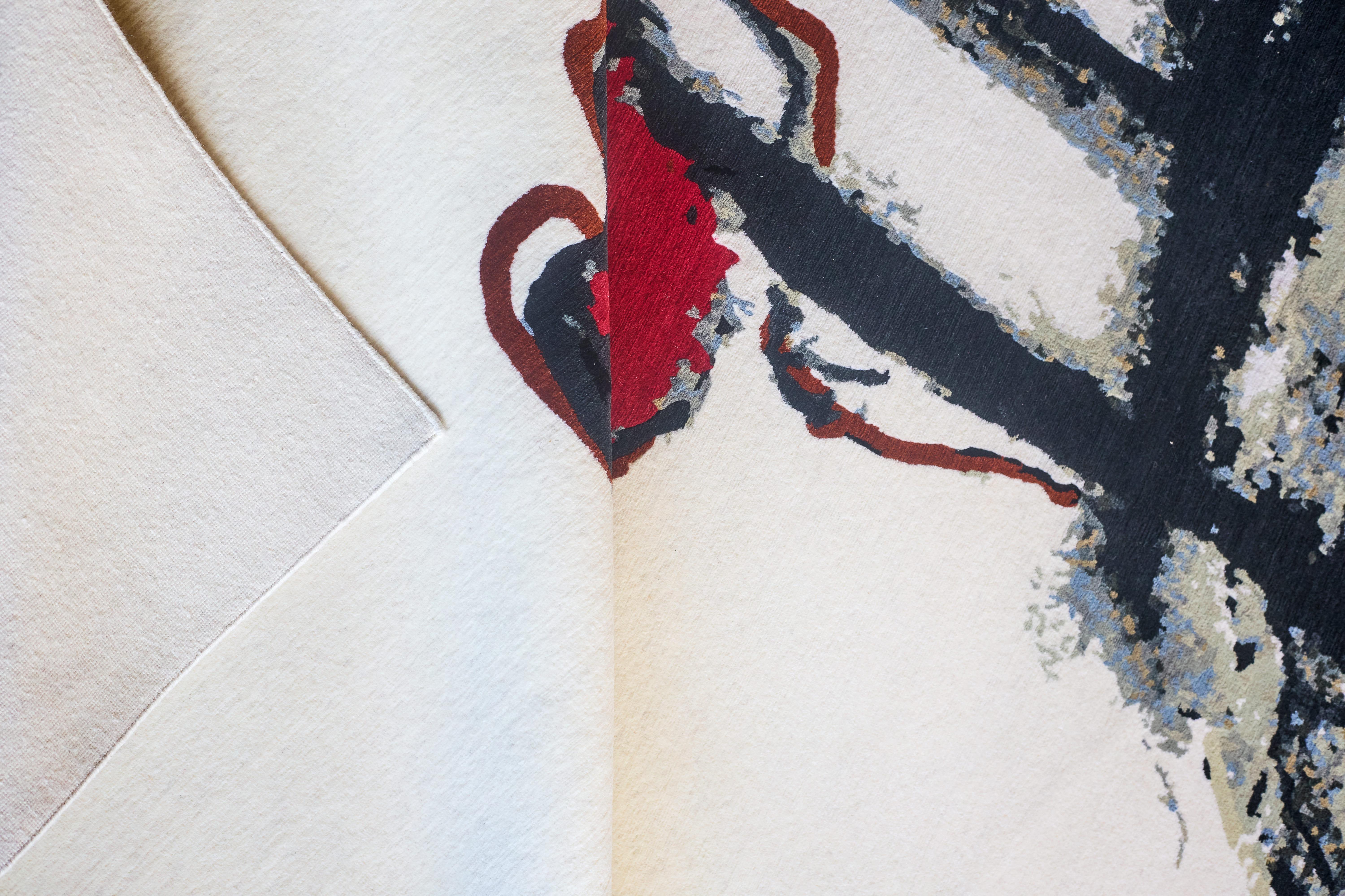 Red Over Black III Abstract Hand-Knotted Himalayan Wool Rug by David Johnson In New Condition For Sale In New York, NY