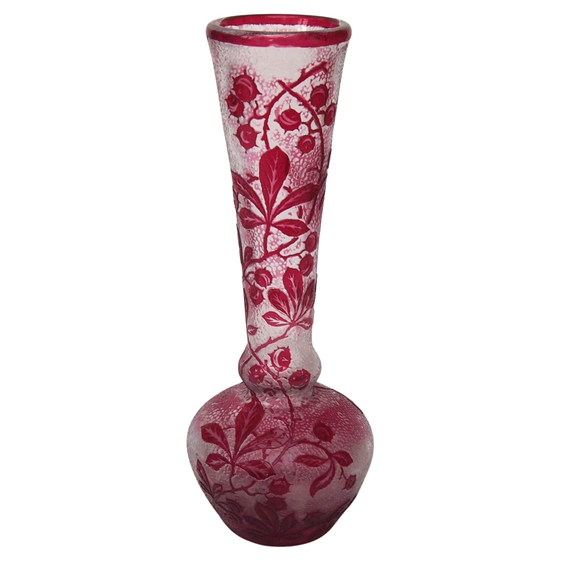 Red over clear Baccarat Cameo Crystal Glass Vase Decorated with Oak Branches