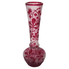Red over clear Baccarat Cameo Crystal Glass Vase Decorated with Oak Branches