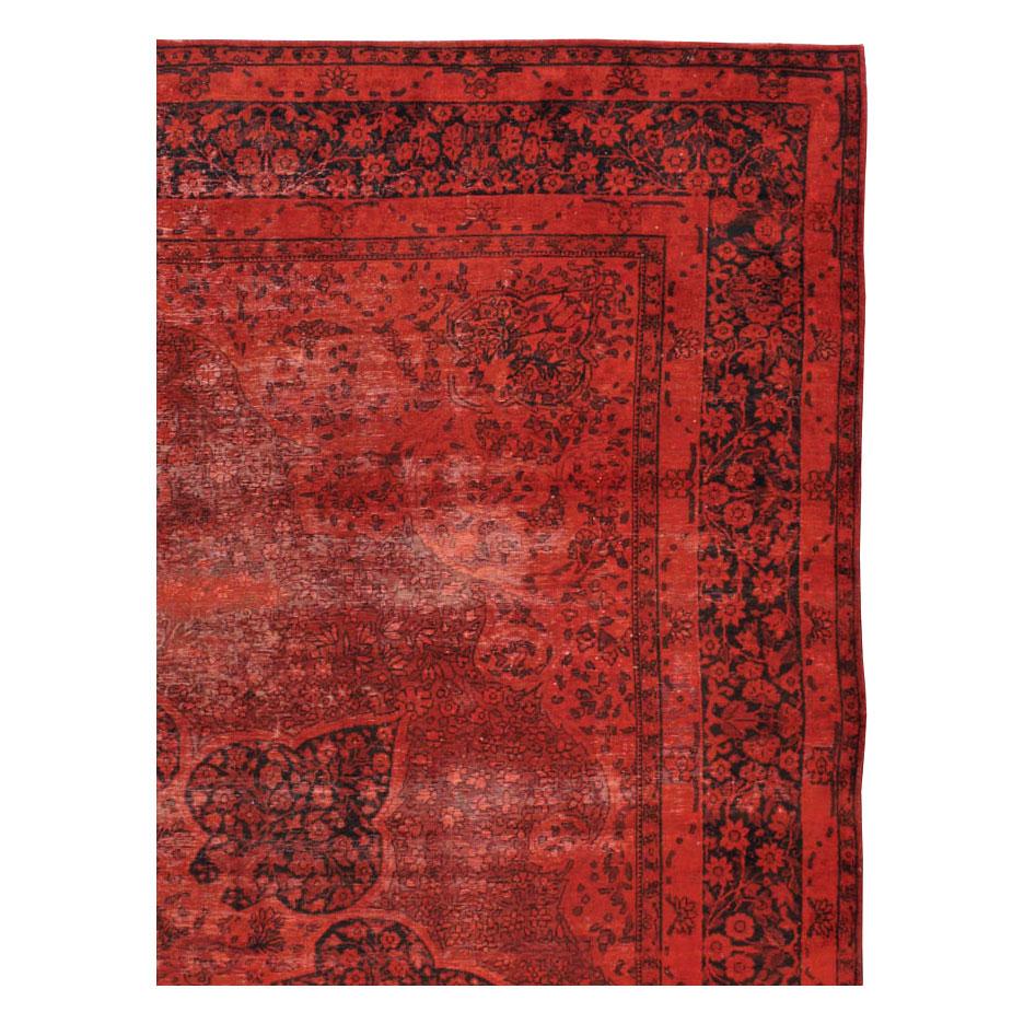 Modern Red Overdyed and Distressed Handmade Persian Lavar Kerman Large Room Size Carpet For Sale