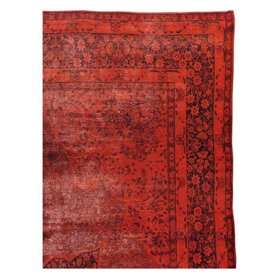 Hand-Knotted Red Overdyed and Distressed Handmade Persian Lavar Kerman Large Room Size Carpet For Sale