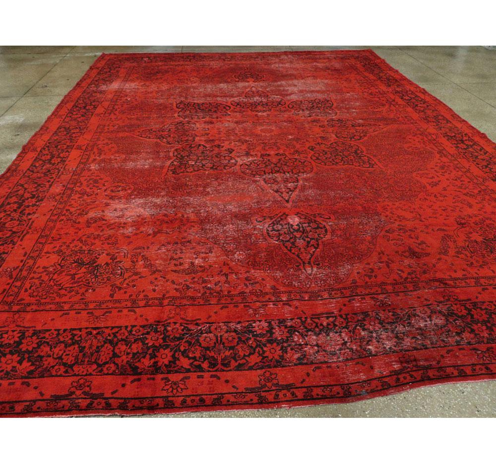 Red Overdyed and Distressed Handmade Persian Lavar Kerman Large Room Size Carpet In Good Condition For Sale In New York, NY