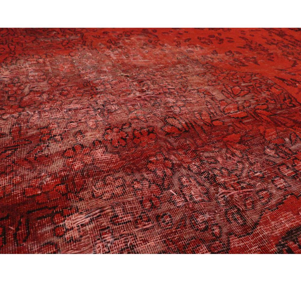 Wool Red Overdyed and Distressed Handmade Persian Lavar Kerman Large Room Size Carpet For Sale