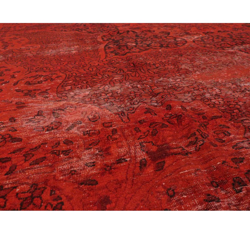 Red Overdyed and Distressed Handmade Persian Lavar Kerman Large Room Size Carpet For Sale 1
