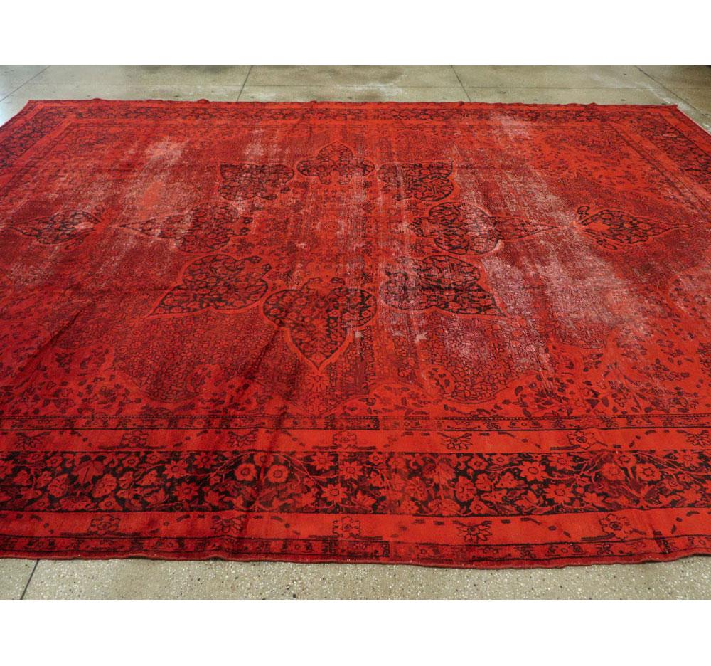 Red Overdyed and Distressed Handmade Persian Lavar Kerman Large Room Size Carpet For Sale 2