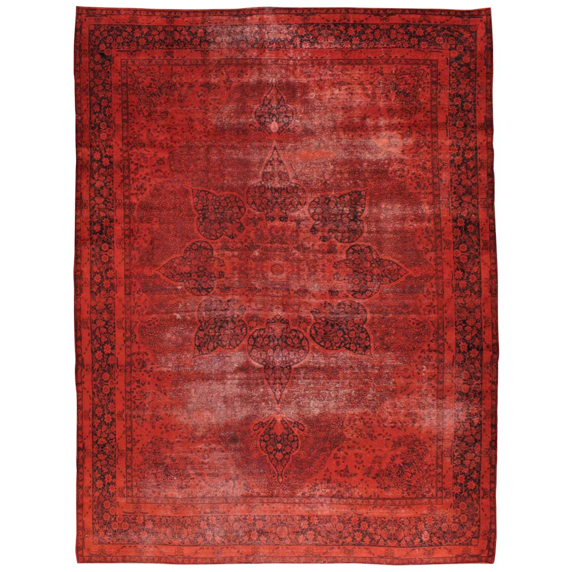 Red Overdyed and Distressed Handmade Persian Lavar Kerman Large Room Size Carpet For Sale