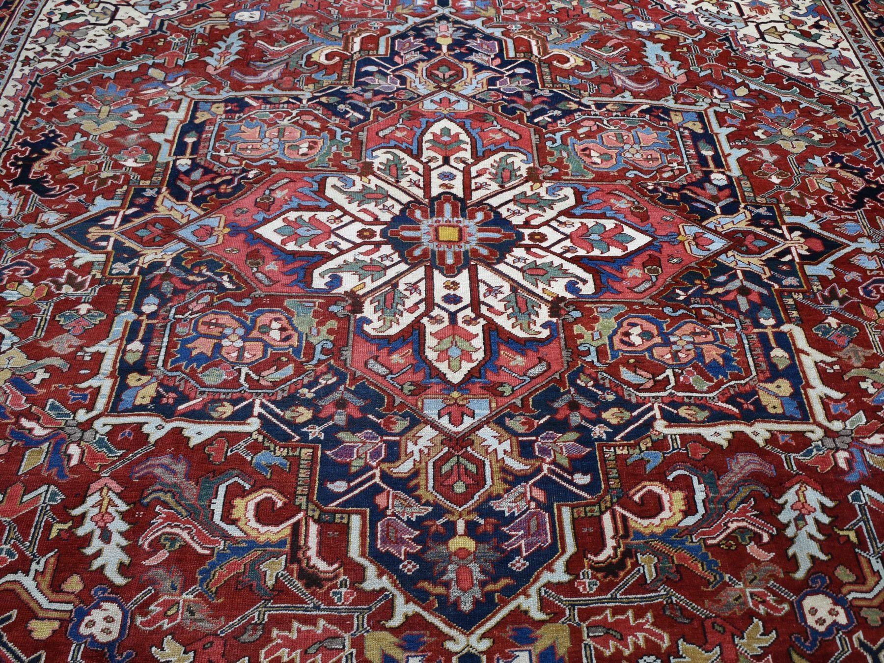 Red Oversized Antique Persian Heriz Even Wear Wool Bohemian Rug, 11'8