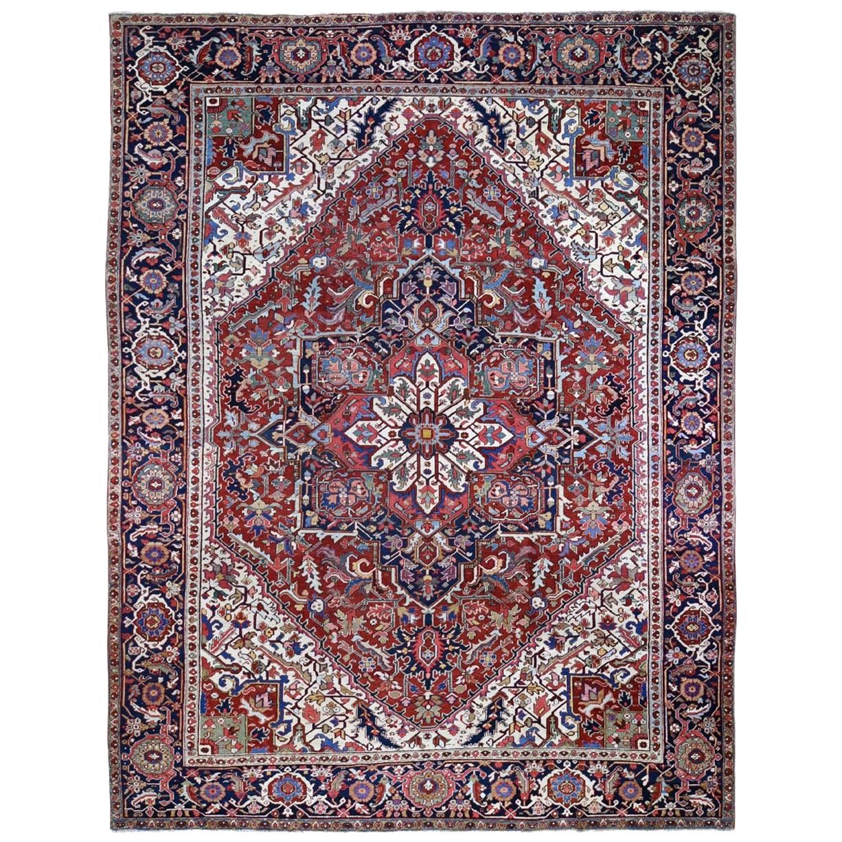 Red Oversized Antique Persian Heriz Even Wear Wool Bohemian Rug, 11'8" x 14'9" For Sale