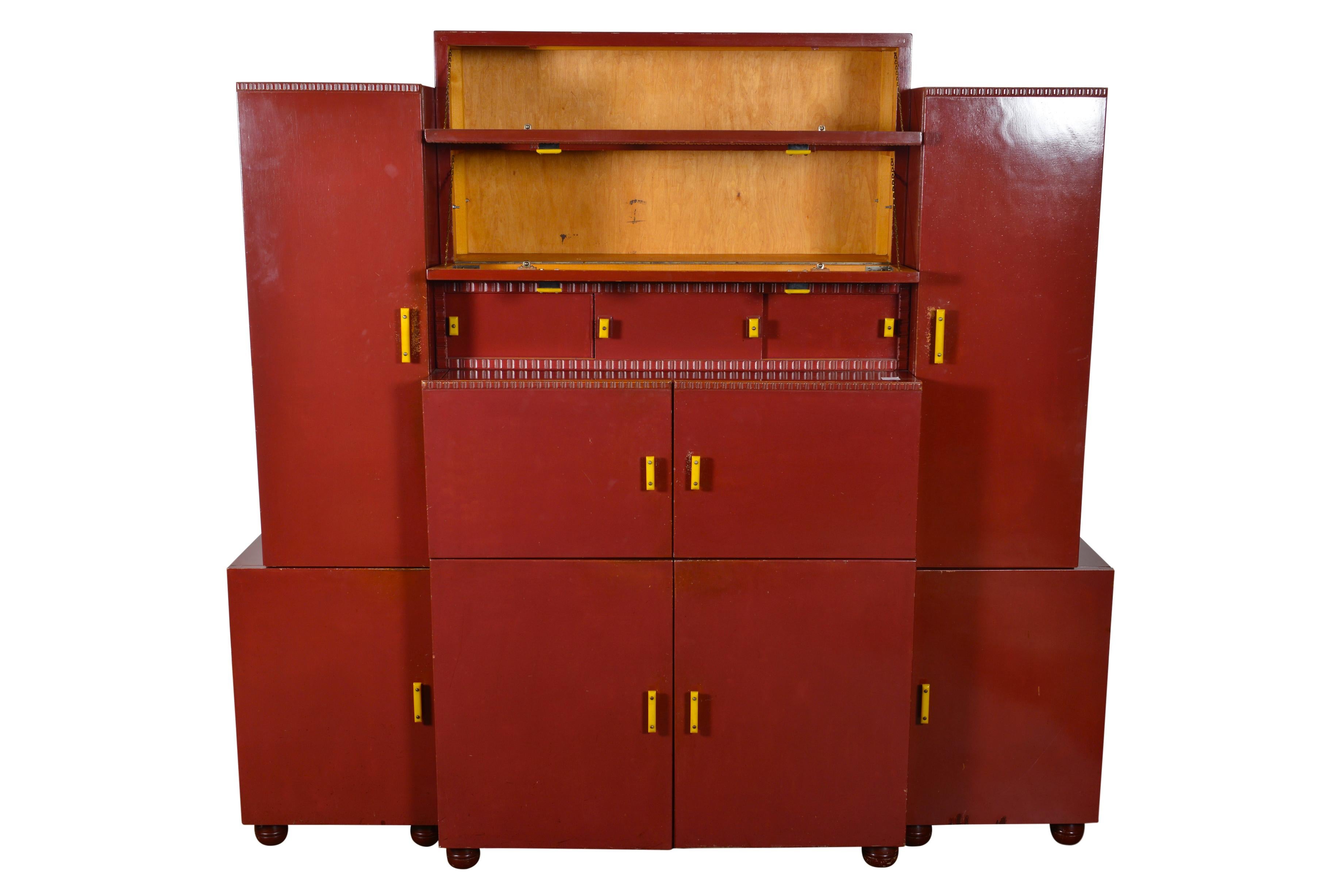 Plywood Red painted Belgian Art Deco Cabinet, circa 1930 For Sale