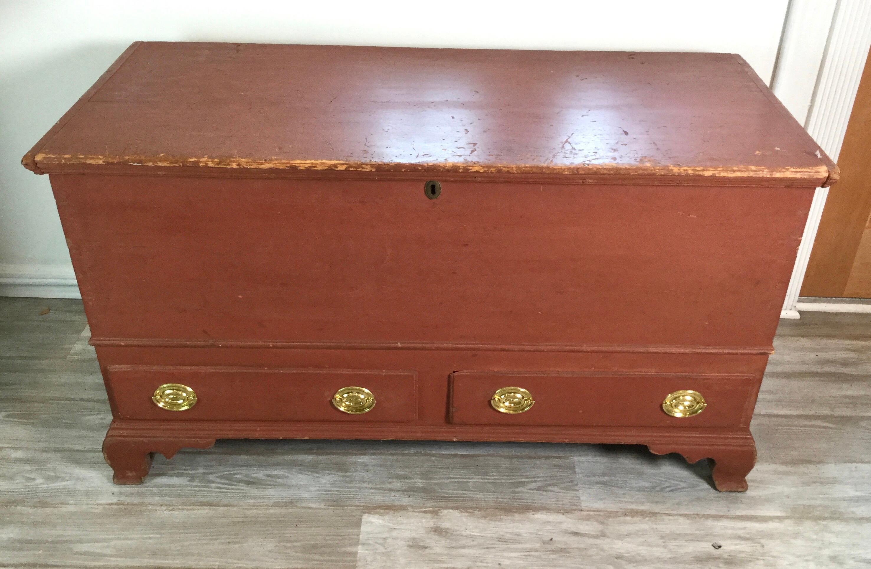 Nice painted pine OG bracket foot dower chest or blanket chest with original red paint. Two nice drawers at the bottom. 49