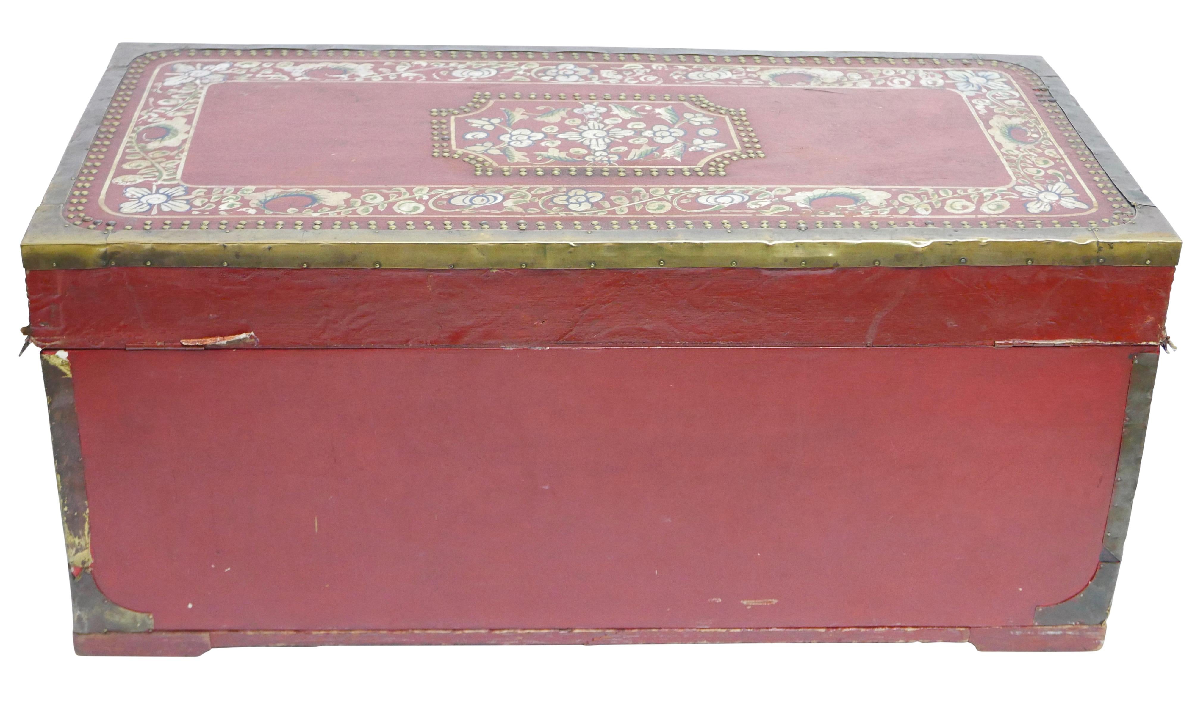 Red Painted Leather Camphor Wood Trunk, Chinese Export, 19th Century For Sale 3
