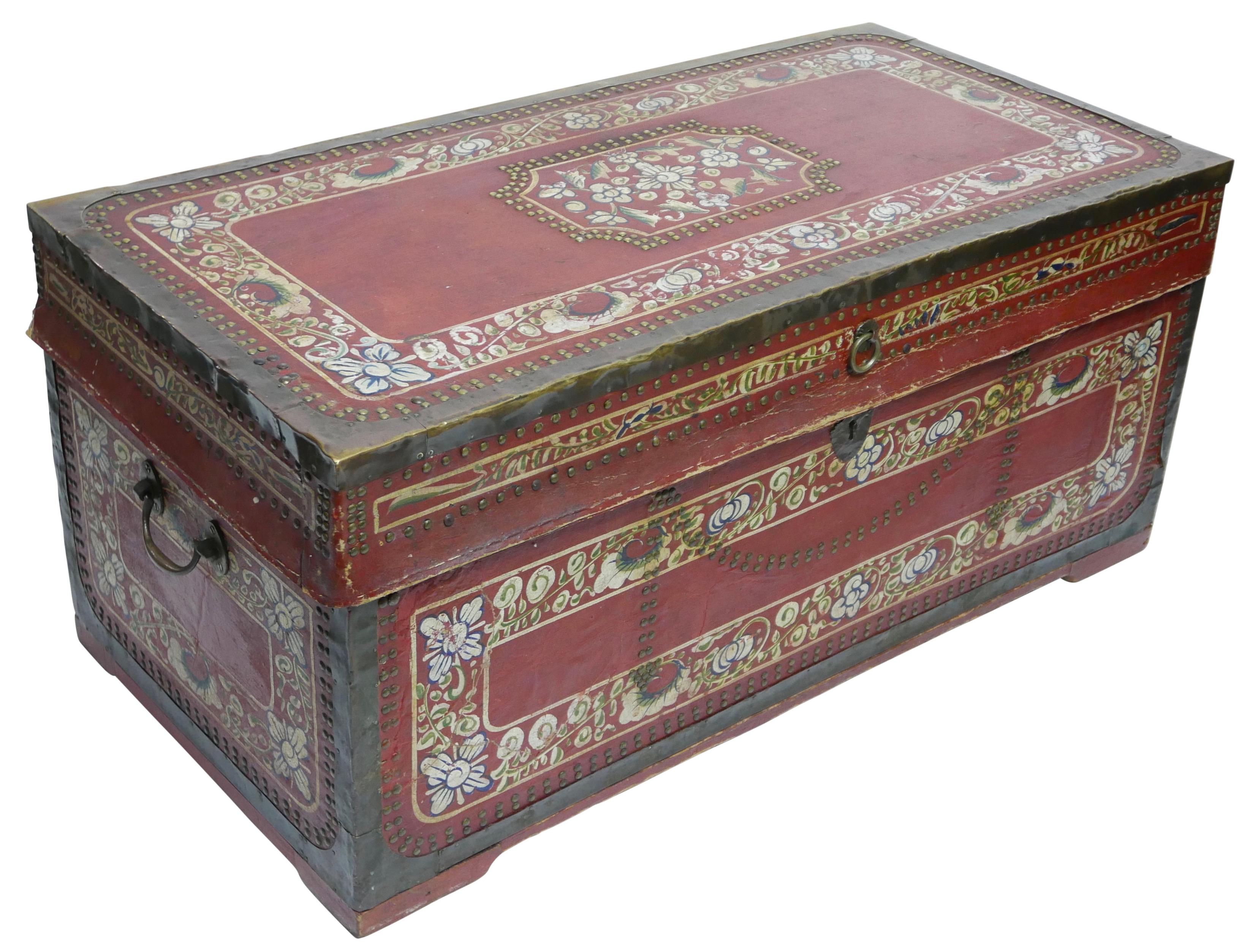 Red painted leather trunk with brass trim and nailhead decoration along with painted flowers and vining leaves.
Chinese Export, circa 1850.
  