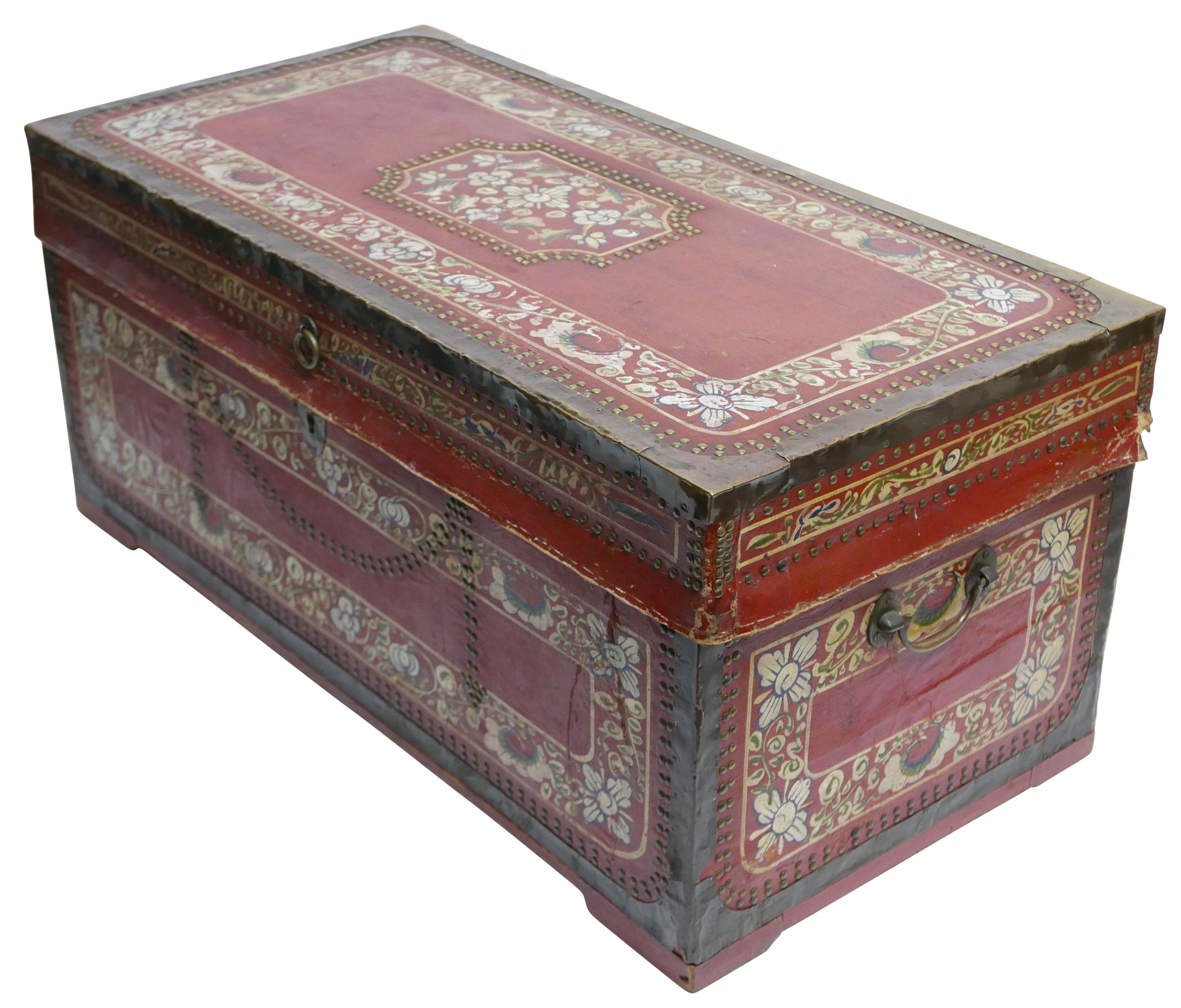Hand-Painted Red Painted Leather Camphor Wood Trunk, Chinese Export, 19th Century For Sale
