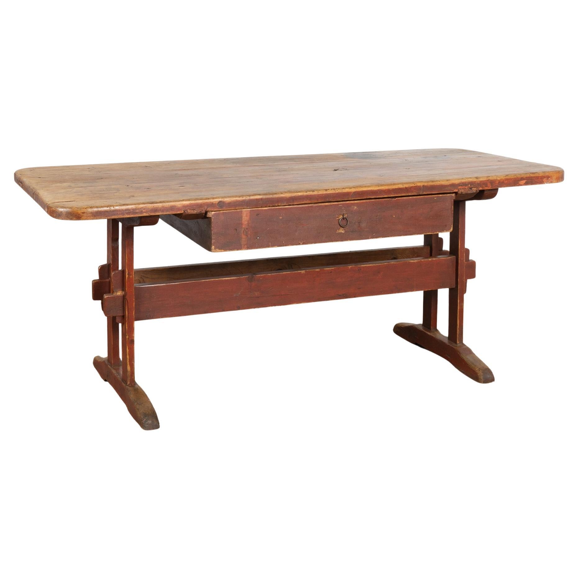 Red Painted Pine Farm Table with Drawer, Sweden circa 1820-40