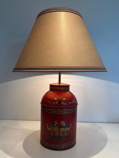 Red Painted Tole Lamp with Chinoiserie Decor, 20th Century