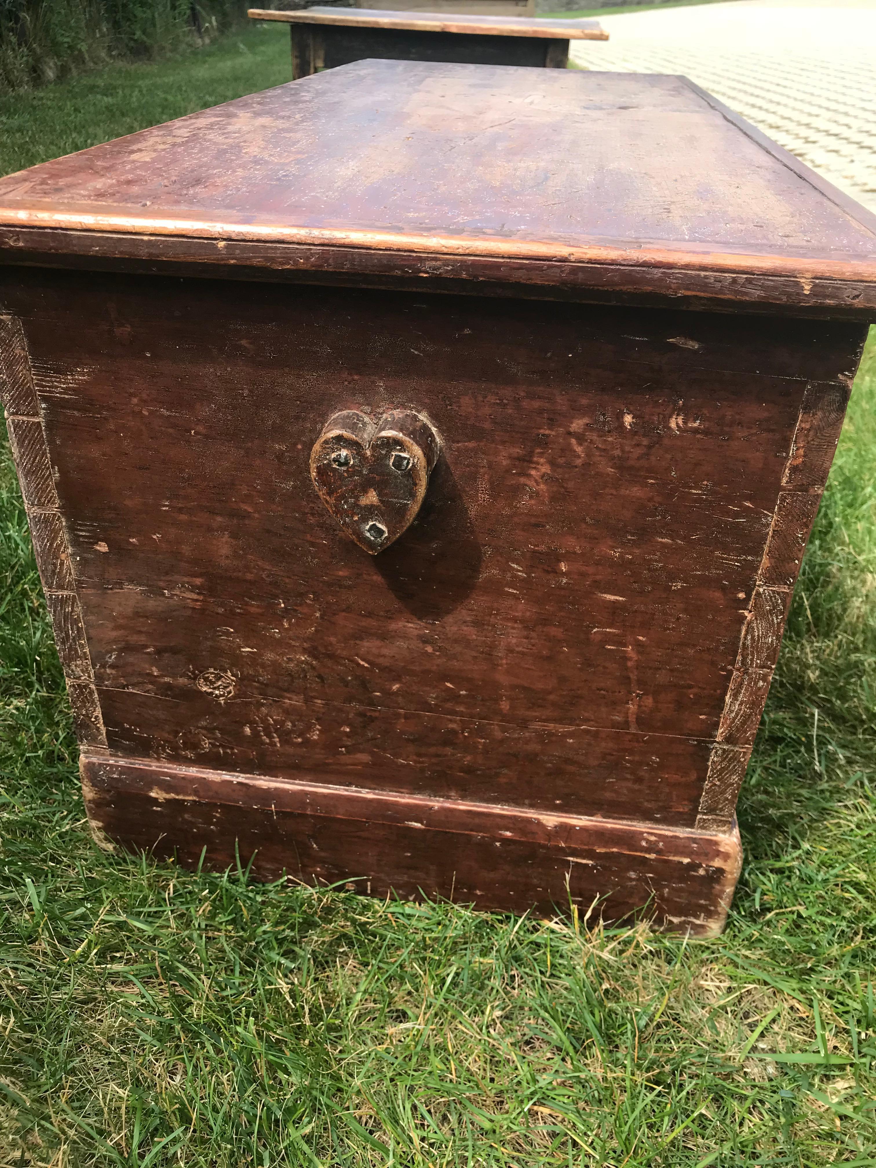 Canadian 19th Century Blanket Chest with Heart Handles in Old Red Paint