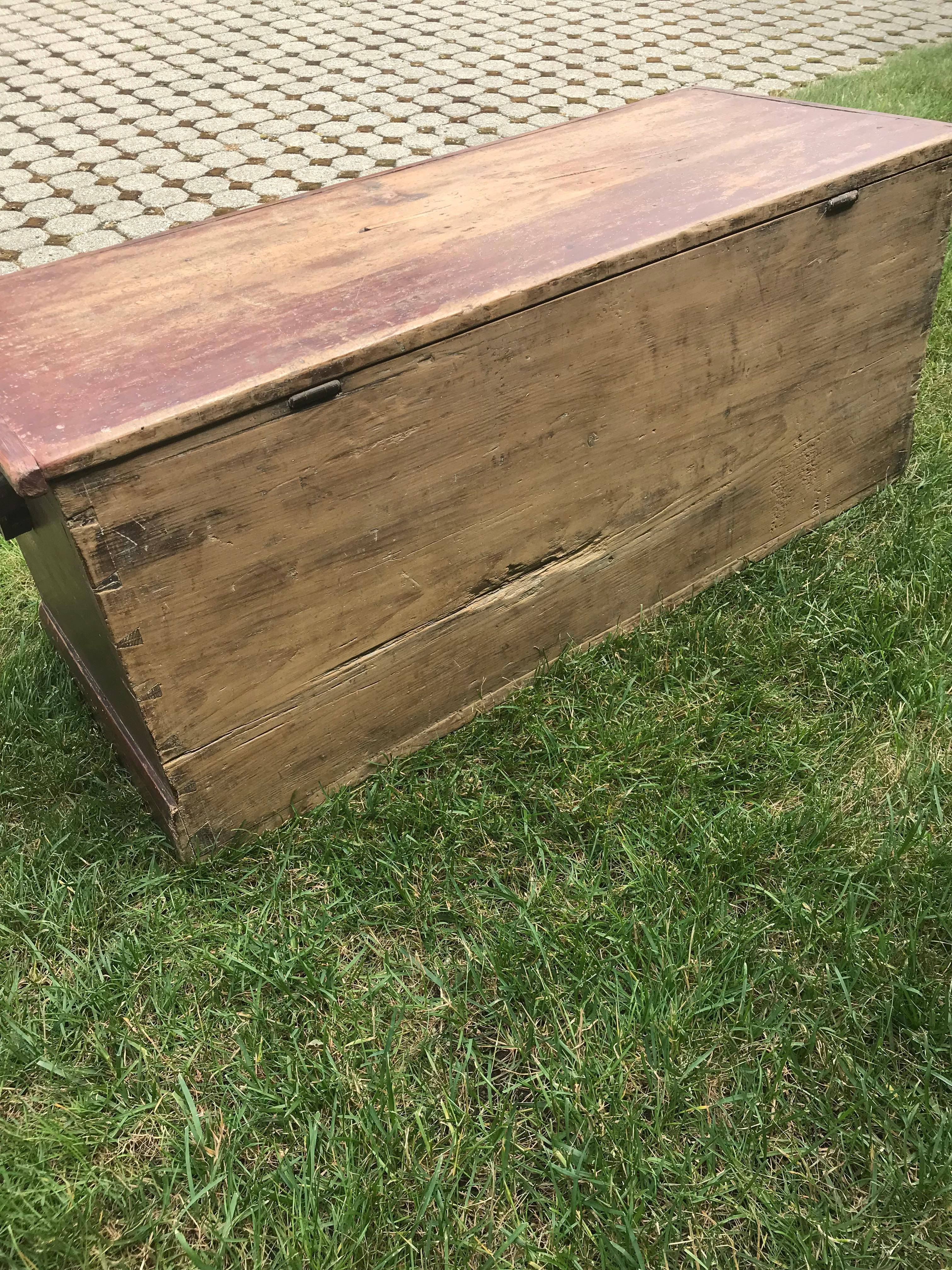 19th Century Blanket Chest with Heart Handles in Old Red Paint 2