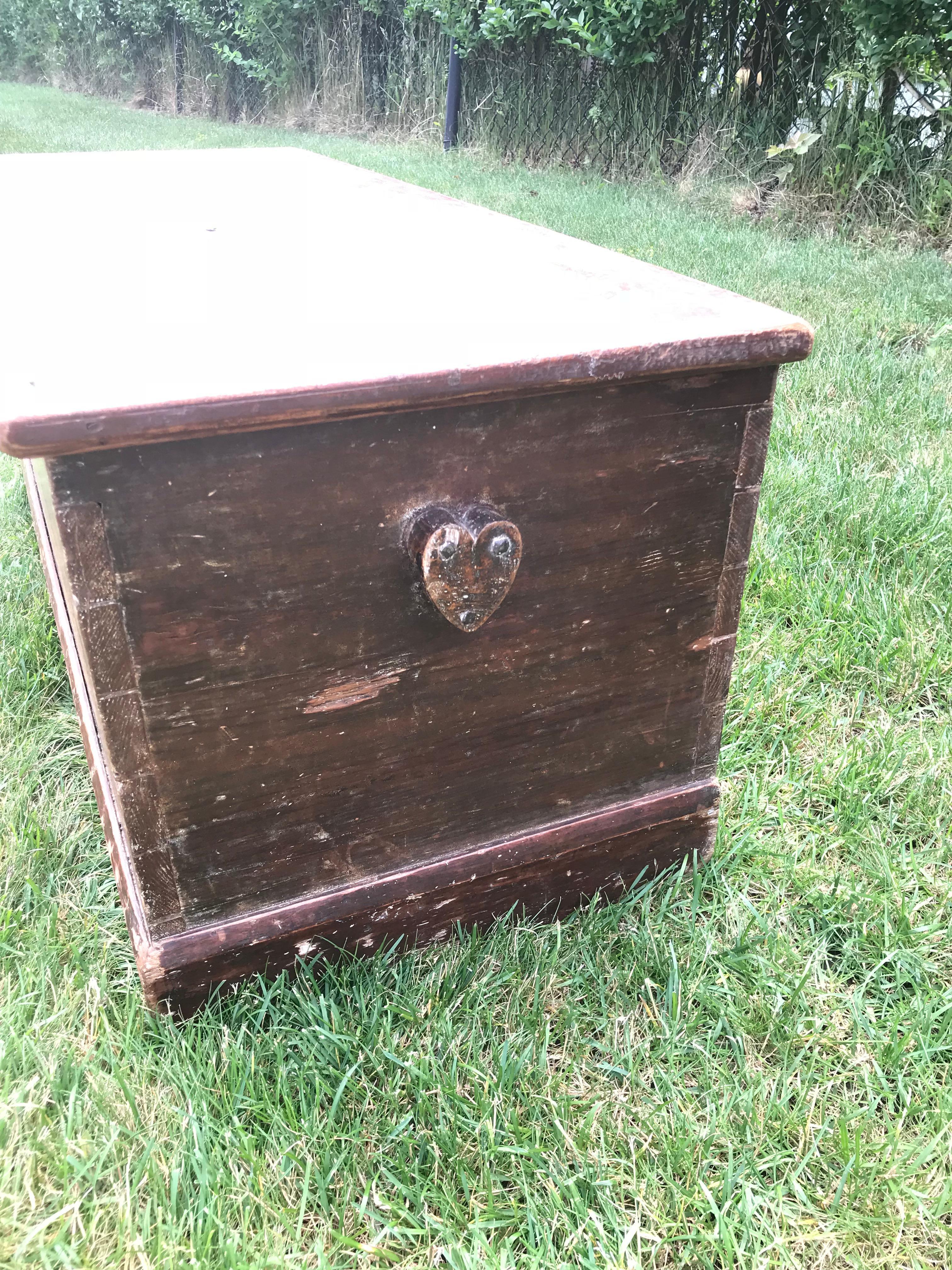 19th Century Blanket Chest with Heart Handles in Old Red Paint 3