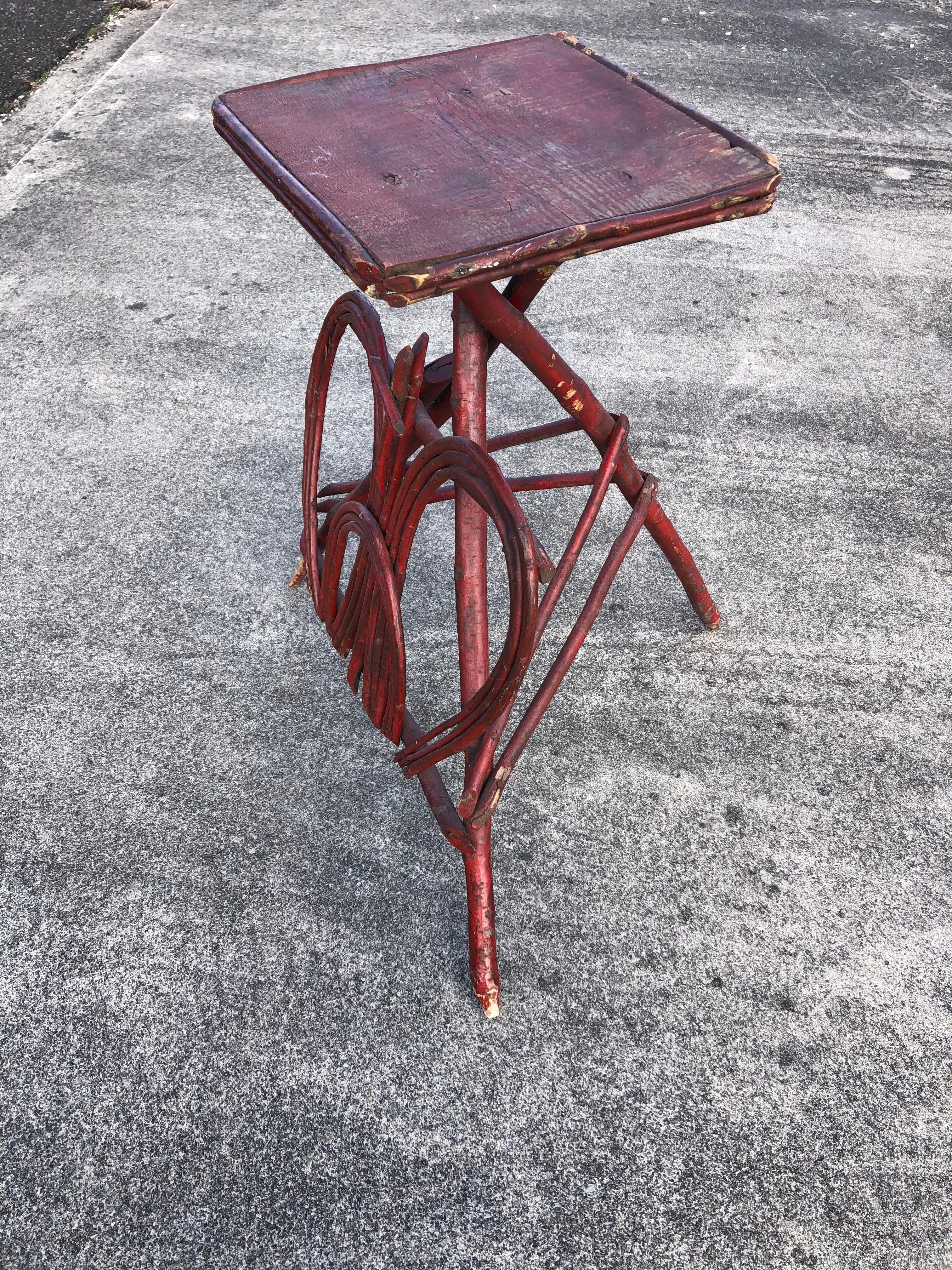 Red Painted Twig Rustic Adirondack End Side Table In Distressed Condition In Hopewell, NJ
