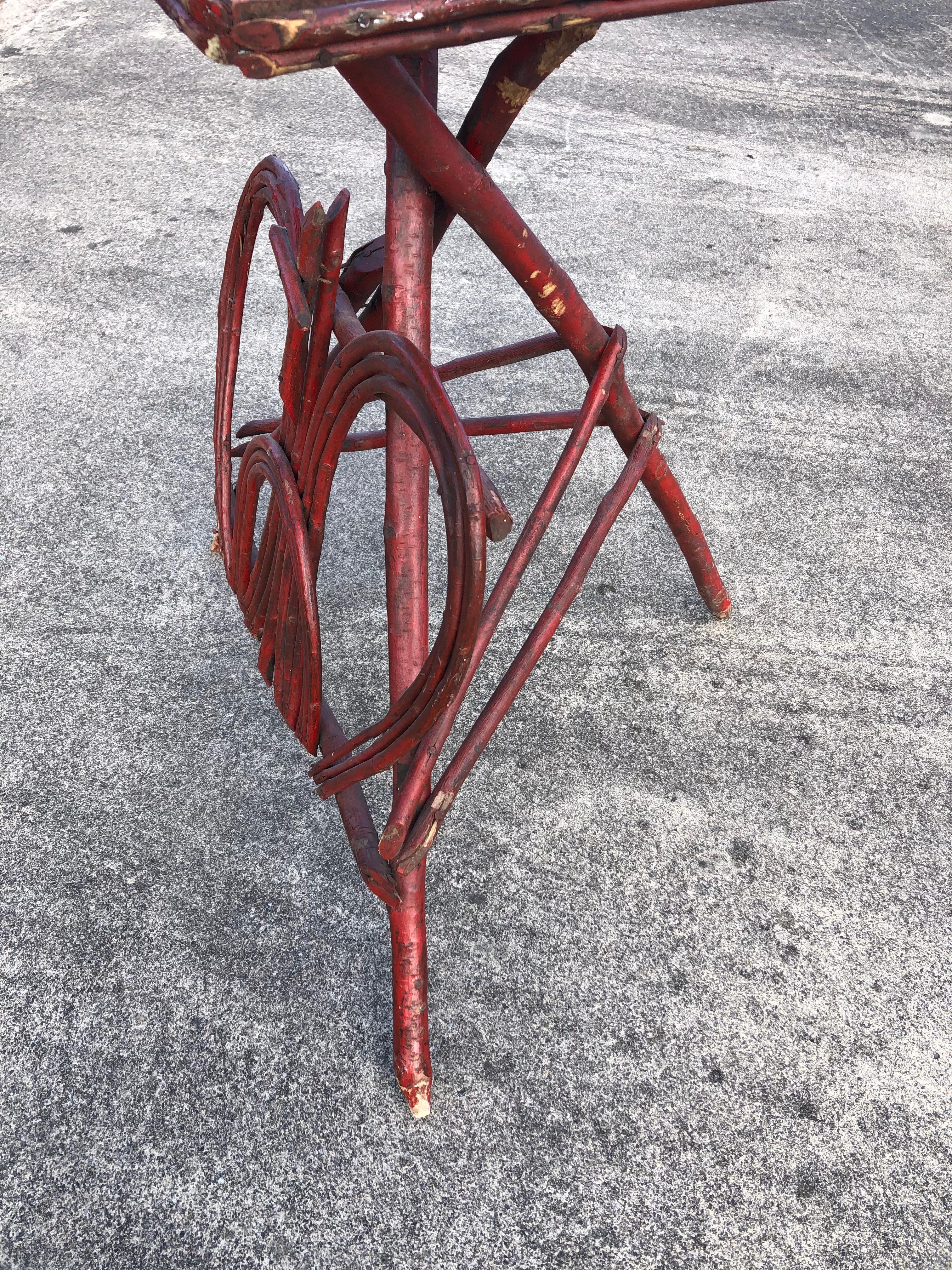 Early 20th Century Red Painted Twig Rustic Adirondack End Side Table