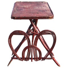 Antique Red Painted Twig Rustic Adirondack End Side Table