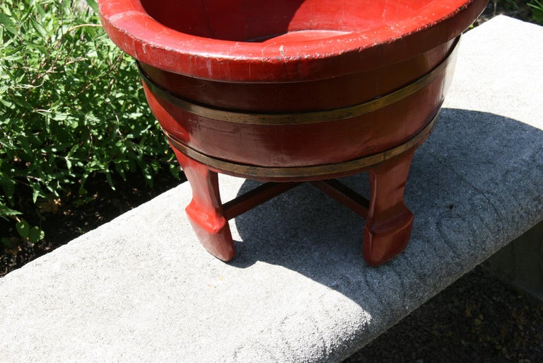 Japanese Red Painted Wood Barrel Planter Bowl on Stand For Sale 1