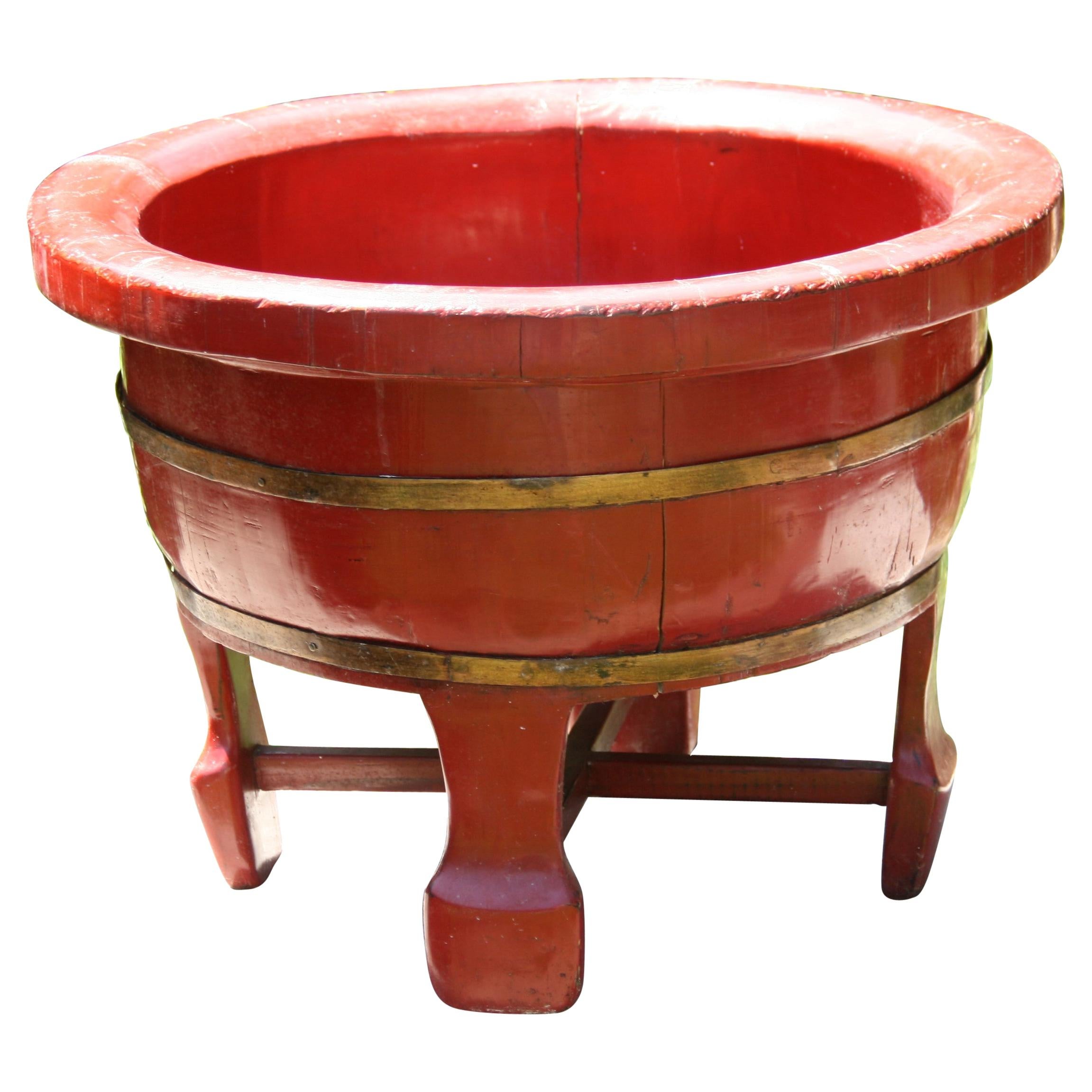 Japanese Red Painted Wood Barrel Planter Bowl on Stand