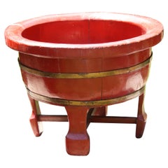 Antique Japanese Red Painted Wood Barrel Planter Bowl on Stand