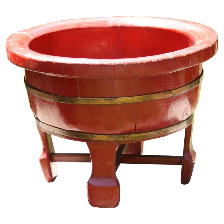 Japanese Red Painted Wood Barrel Planter Bowl on Stand For Sale